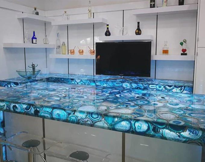 Rectangular Blue Agate Kitchen Countertop | Luxury Gemstone Bar Vanity Top | (Customisable)