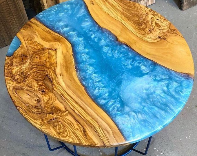 Round Blue Epoxy Acacia Wood Table Top | River Resin Coffee Dining Table | (Customisable)
