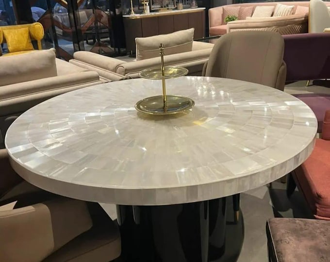 Round Selenite Stone Table Top | Hand-Cut Crystal Mosaic (Customizable)