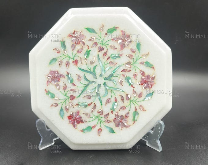 Handmade Octagonal Marble Inlay Plate | Pink Floral Pietra Dura Artwork