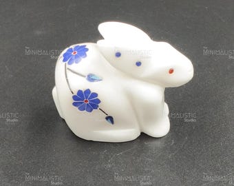 Handmade Makrana Marble Bunny Figurine | Floral Gemstone Inlay Art