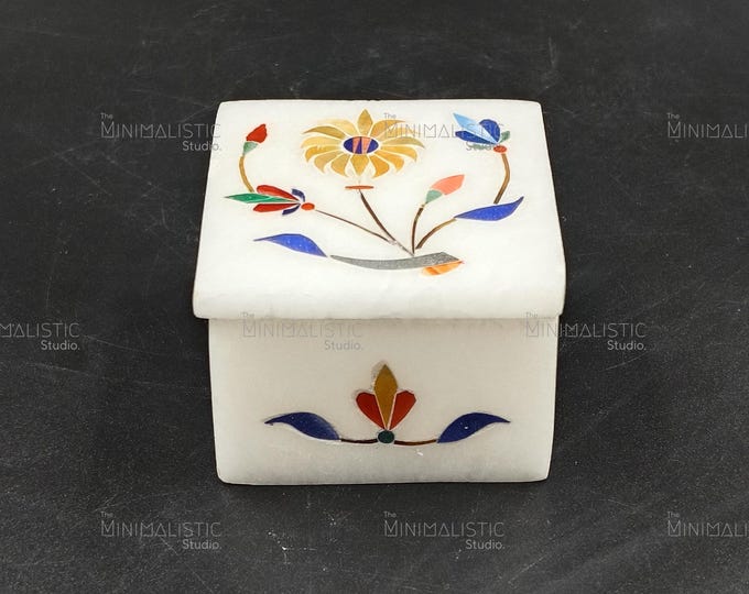 Handmade Marble Inlay Box | Floral Pietra Dura Keepsake, Indian Trinket Gift