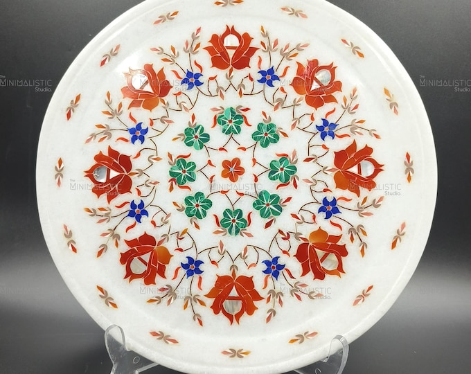 Floral Marble Inlay Plate – Handmade Pietra Dura Art, 12 Inch