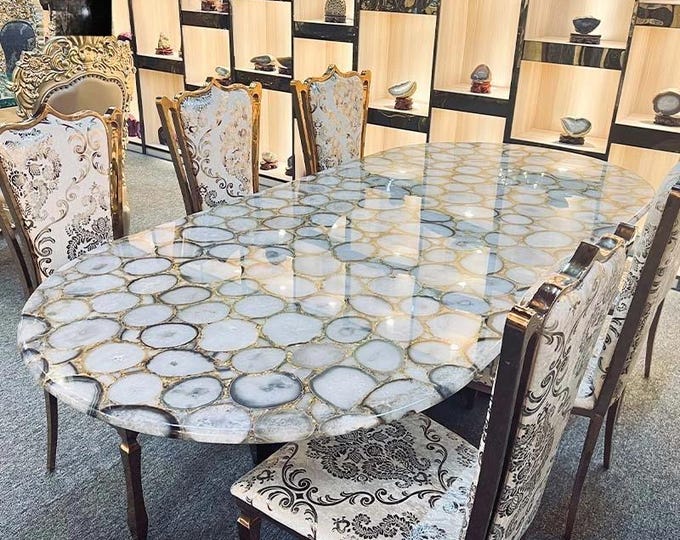 Luxury Oval White Agate Table Top | Natural Gemstone Slab