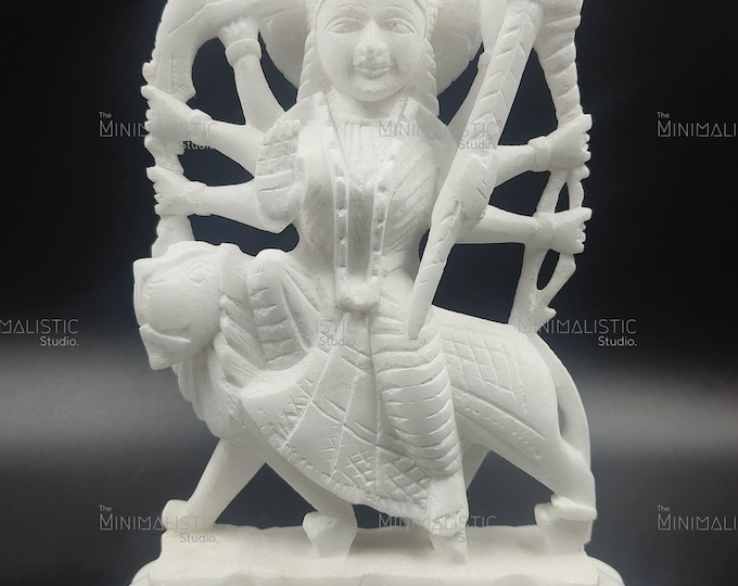 Handcrafted White Marble Durga Statue | Hindu Goddess, Tiger Idol