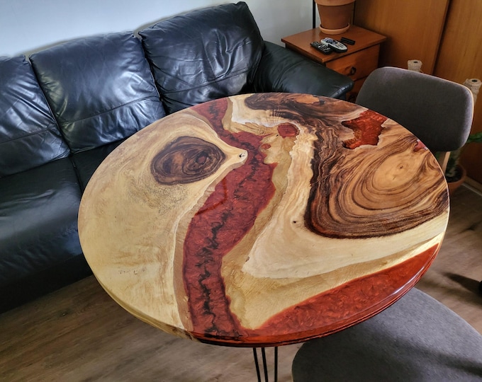 Handmade Round Acacia Wood Coffee Table Top | Red Epoxy River, Live Edge (Customizable)
