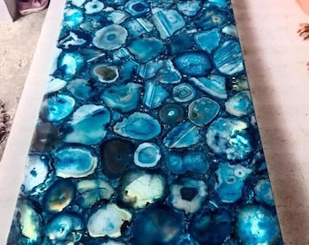 Rectangular Blue Agate Table Top | Ocean Gemstone | Dining Coffee Table | (Customisable)