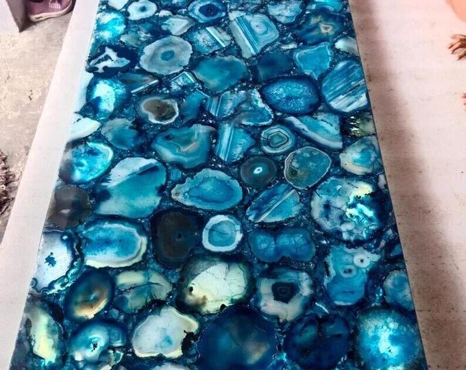 Rectangular Blue Agate Table Top | Ocean Gemstone | Dining Coffee Table | (Customisable)