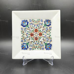 Handmade Marble Inlay Square Tray | White Makrana Marble | Pietra Dura Floral Art | Decorative Serving Dish | Luxury Gift Idea