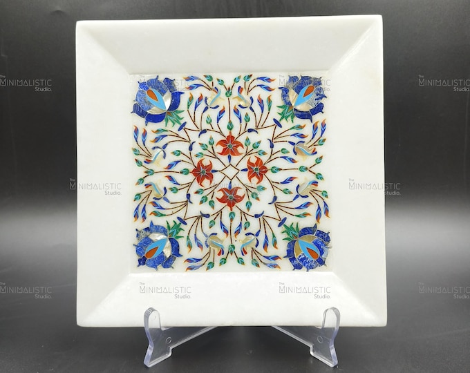 Handmade Makrana Marble Inlay Tray | Pietra Dura Floral Art