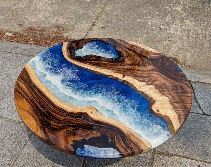 Acacia Wood Blue Ocean Resin Table Top | Wave-Inspired Coastal Coffee Table (Customisable)
