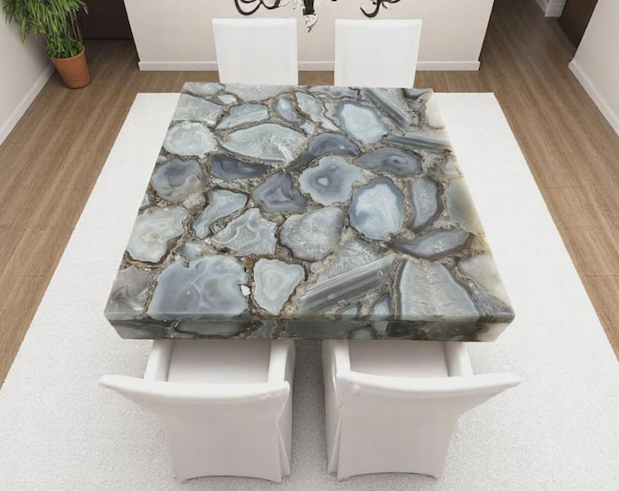 Handmade Grey Agate Square Table Top – Gemstone Mosaic, Customisable