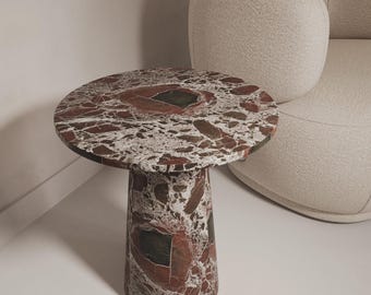 Rosso Levanto Round Marble Coffee Table With Leg | Luxury Stone Handmade | (Customisable)