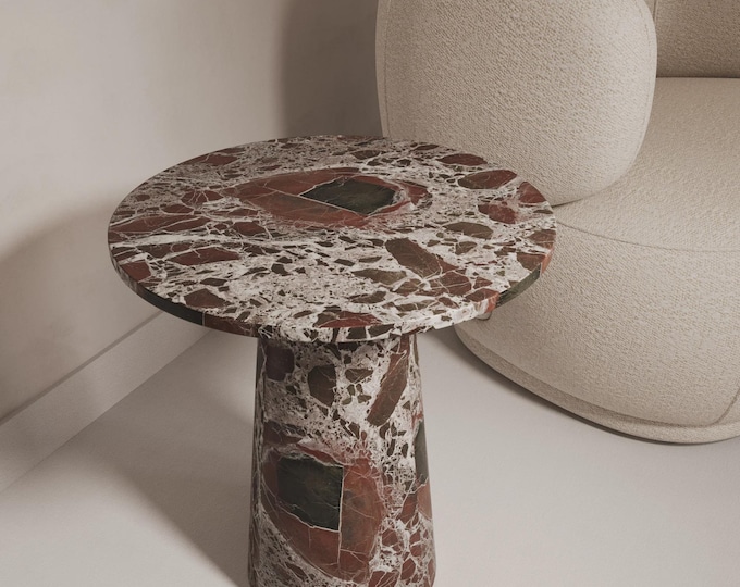 Rosso Levanto Round Marble Coffee Table With Leg | Luxury Stone Handmade | (Customisable)