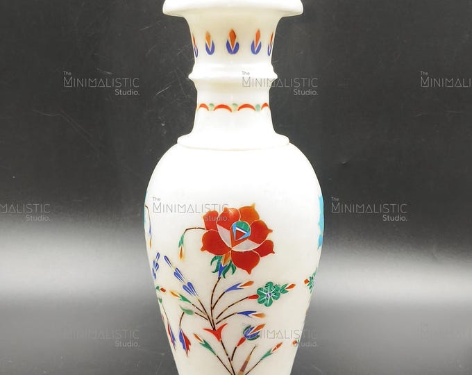 Handcrafted White Marble Vase | Pietra Dura Floral Inlay, Mughal Decor