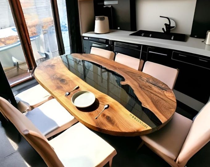 Oval Acacia Wood Table Top | Black Epoxy Resin River, Customizable