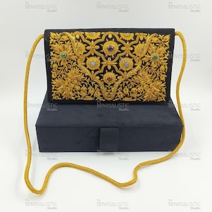 Handmade Black Zardozi Gemstone Clutch 10&quot;x6&quot; | Gold Floral Purse | Real Stone Work | Velvet Gift Box | Sling/Handle | Customizable