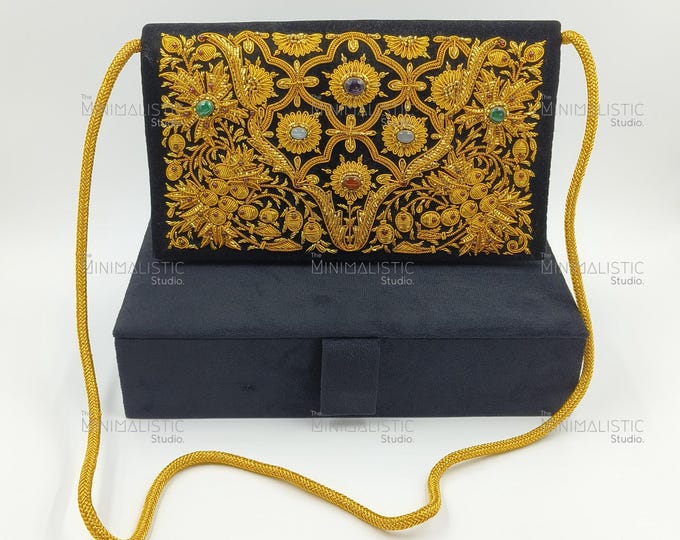 Handmade Black Velvet Zardozi Clutch | Gold Floral Gemstone Purse