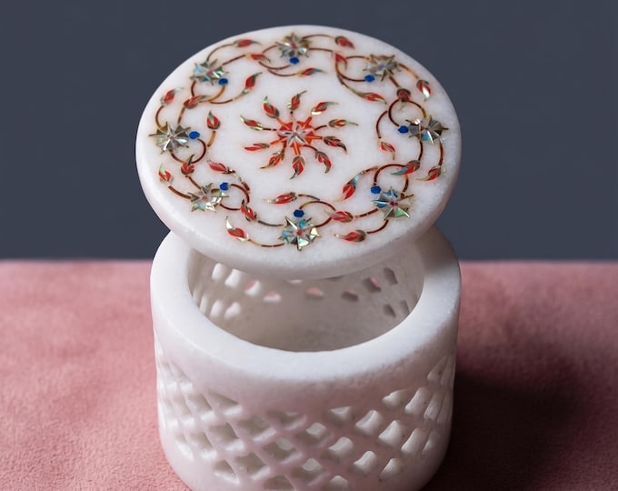2 Inch Round Marble Storage Box | Gemstone Inlay | Jewellery Box
