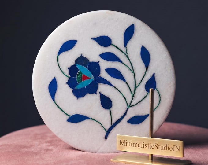 Blue Marble Plate |  Floral Inlay Decorative Round Plate | 9 Inch