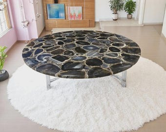 Handmade Black Agate Round Table Top | Gemstone Coffee Top | (Customisable)
