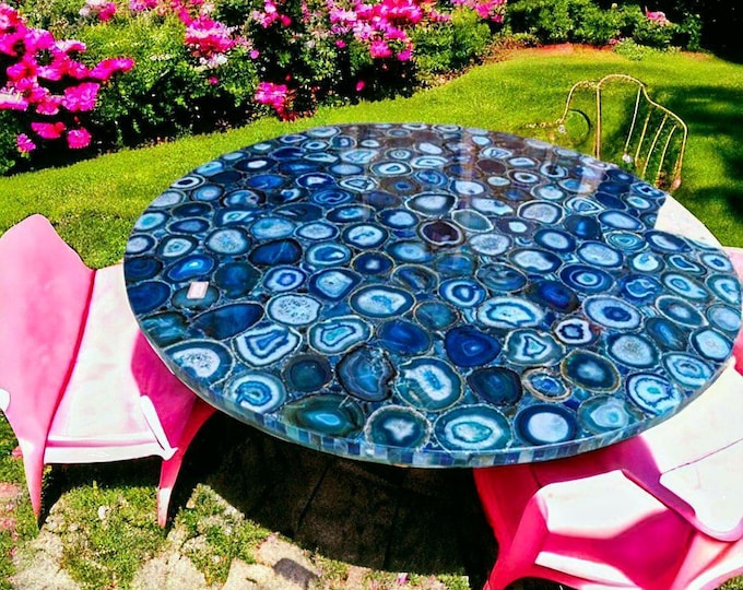 Blue Agate Stone Round Table Top | Semi-Precious Gemstone