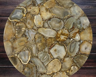 Round Agate Stone Table Top | Natural Gemstone Mosaic Dining Top | (Customizable)