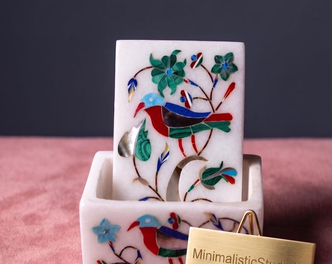 Handmade Marble Jewelry Box | Handmade Dura Inlay Bird Floral Design | 2x3 Inche