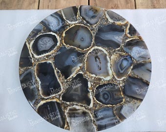 Zwart agaat rond tafelblad | Dineren op maat, salontafel