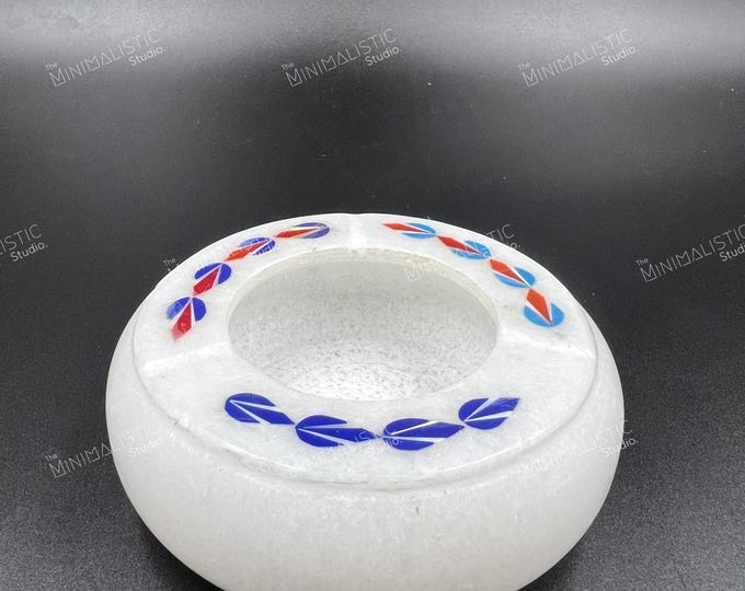 Makrana White Marble Ashtray | Handmade Stone Inlay, Floral Motif