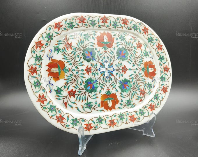 Oval White Marble Inlay Tray – Handcrafted Pietra Dura Floral Mosaic for Home & Gifting (Masterpiece)