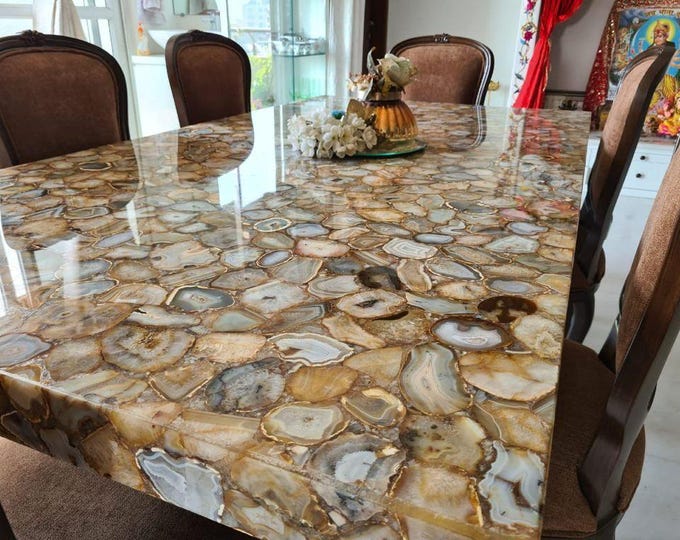Rectangular Multi-Colour Agate Table Top | Luxury Gemstone Dining | (Customisable)