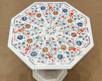 Weißer Marmor Floral Inlay Tischplatte | Achteckige Pietra Dura Art