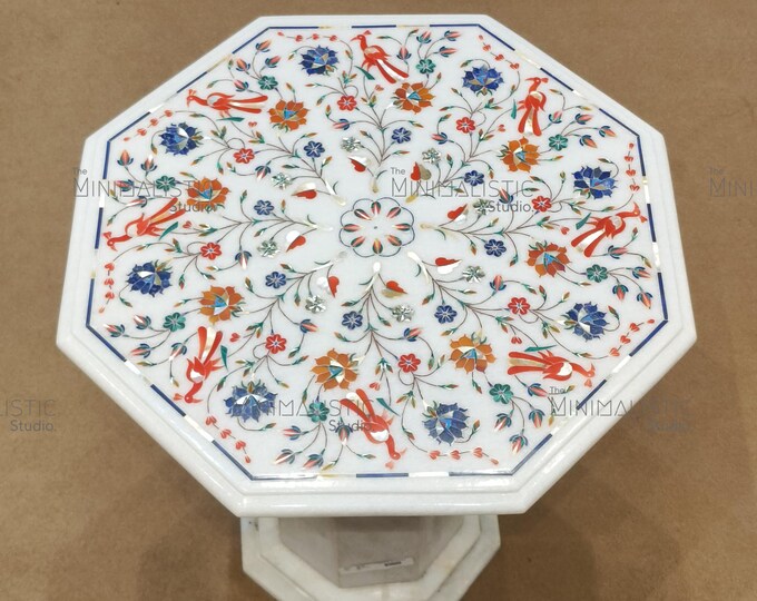 White Marble Floral Inlay Table Top | Octagonal Pietra Dura Art
