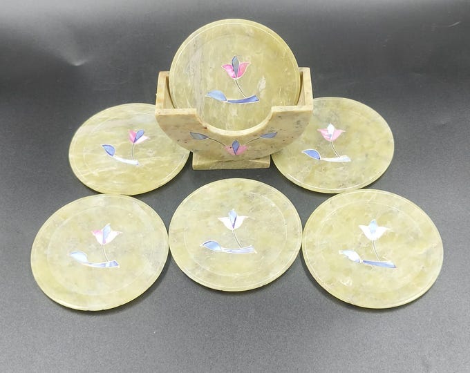 Beige Marble Lotus Inlay Coaster 3.5” Inch | Set of 6 with Holder for Luxury Tabletop Decor