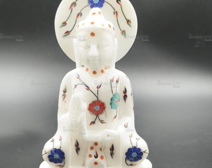 Handmade Marble Buddha Idol with Stone Inlay | Indian Zen Decor