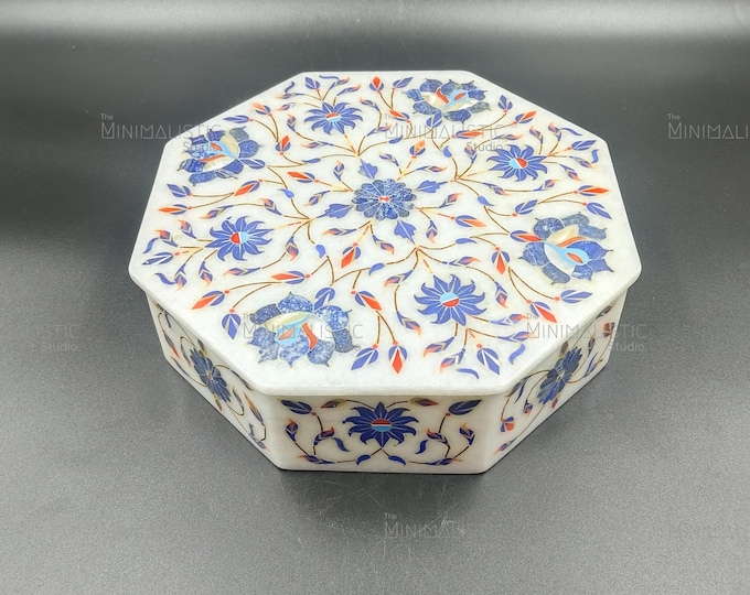 Handmade Octagonal Marble Inlay Box – Pietra Dura Floral Keepsake