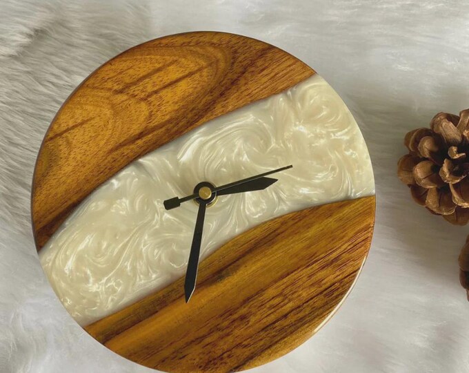 Handmade Acacia Wood Wall Clock | White Epoxy Resin, Modern Decor