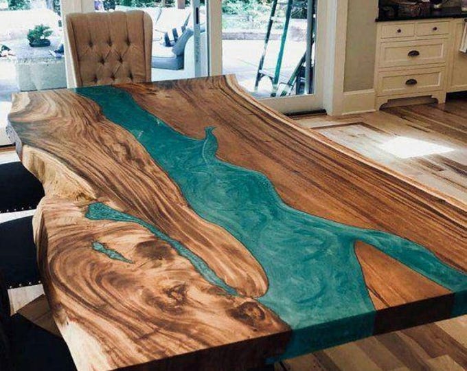 Live Edge Green Epoxy Acacia Wood Table Top | Rectangular | Dining Coffee Table | (Customisable)