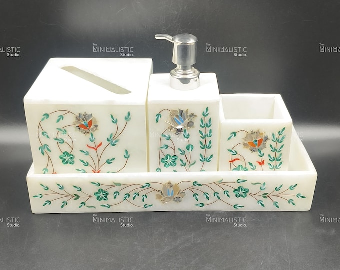 Marble Bathroom Set | Pietra Dura Floral Inlay, Indian Stone Craft