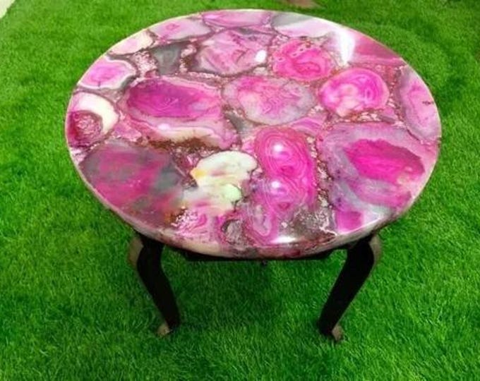 Handmade Pink Agate Table Top | Gemstone Side Table, Custom