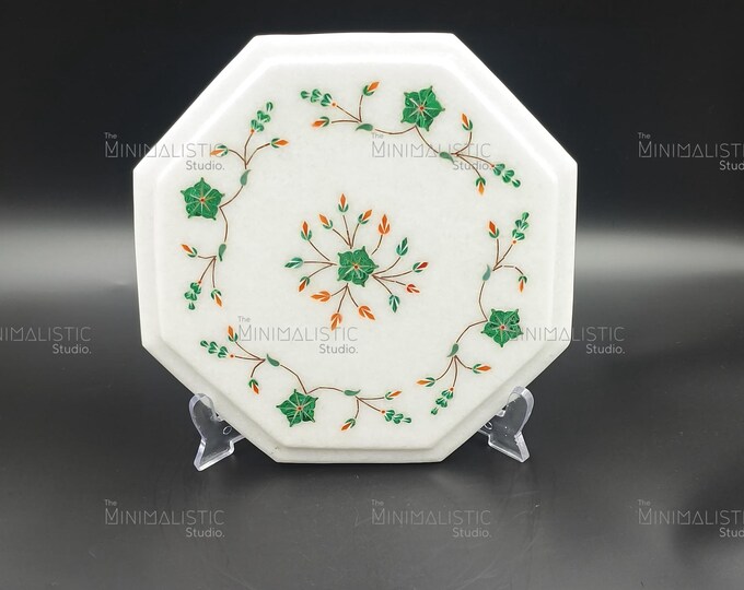 Handmade Green Floral Marble Inlay Plate | Octagon Art Decor