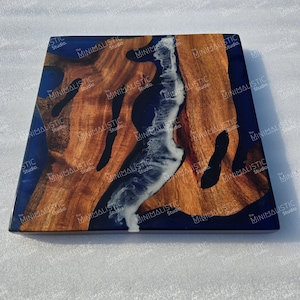 Natural Acacia Wood Sqaure Ocean Epoxy Table Top | Coffee Table Top | Dining Table Top (Customisable)