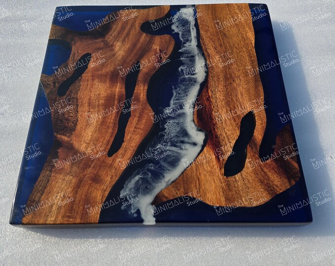 Acacia Wood Ocean Epoxy Table Top | Square Coffee or Dining Table