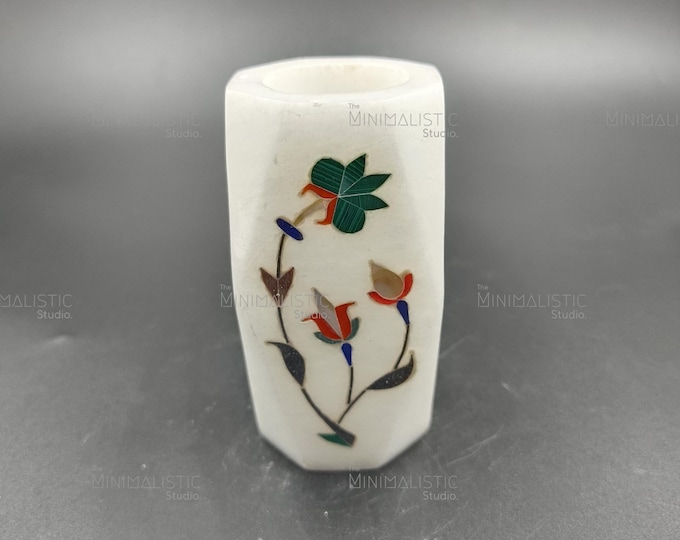 Handmade Makrana Marble Pen Holder – Mughal Floral Inlay, Desk Organizer