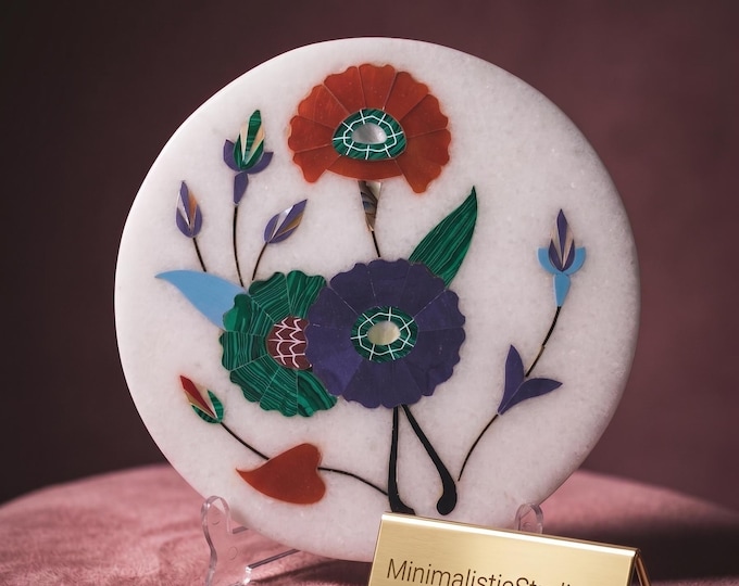 Round Floral Marble Plate | Handmade White Marble Wall Decor | 5 Inch