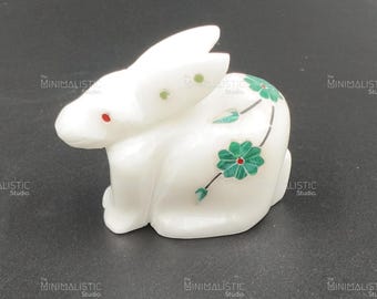Handmade Makrana Marble Bunny Figurine | Gemstone Floral Inlay