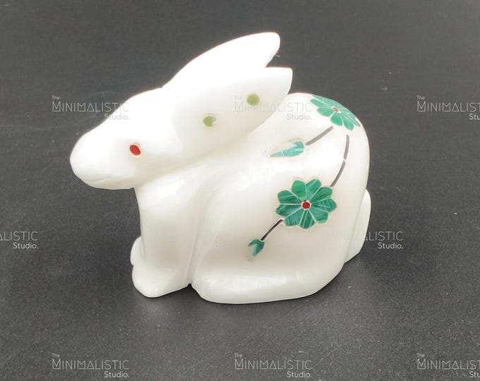 Handmade Makrana Marble Bunny Figurine | Gemstone Floral Inlay