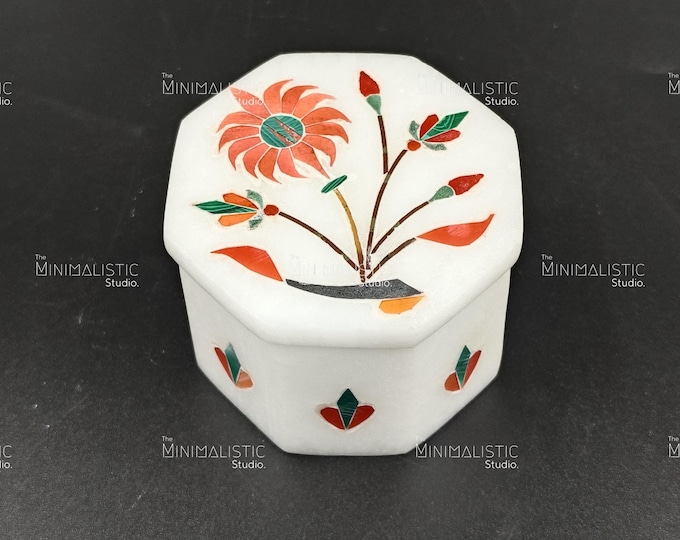 Handmade Octagonal Marble Jewelry Box | Floral Inlay, Keepsake Holder