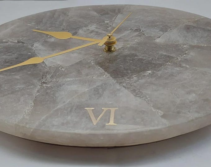 Smoky Quartz Gemstone Wall Clock | Handmade Stone Decor, Gold Details